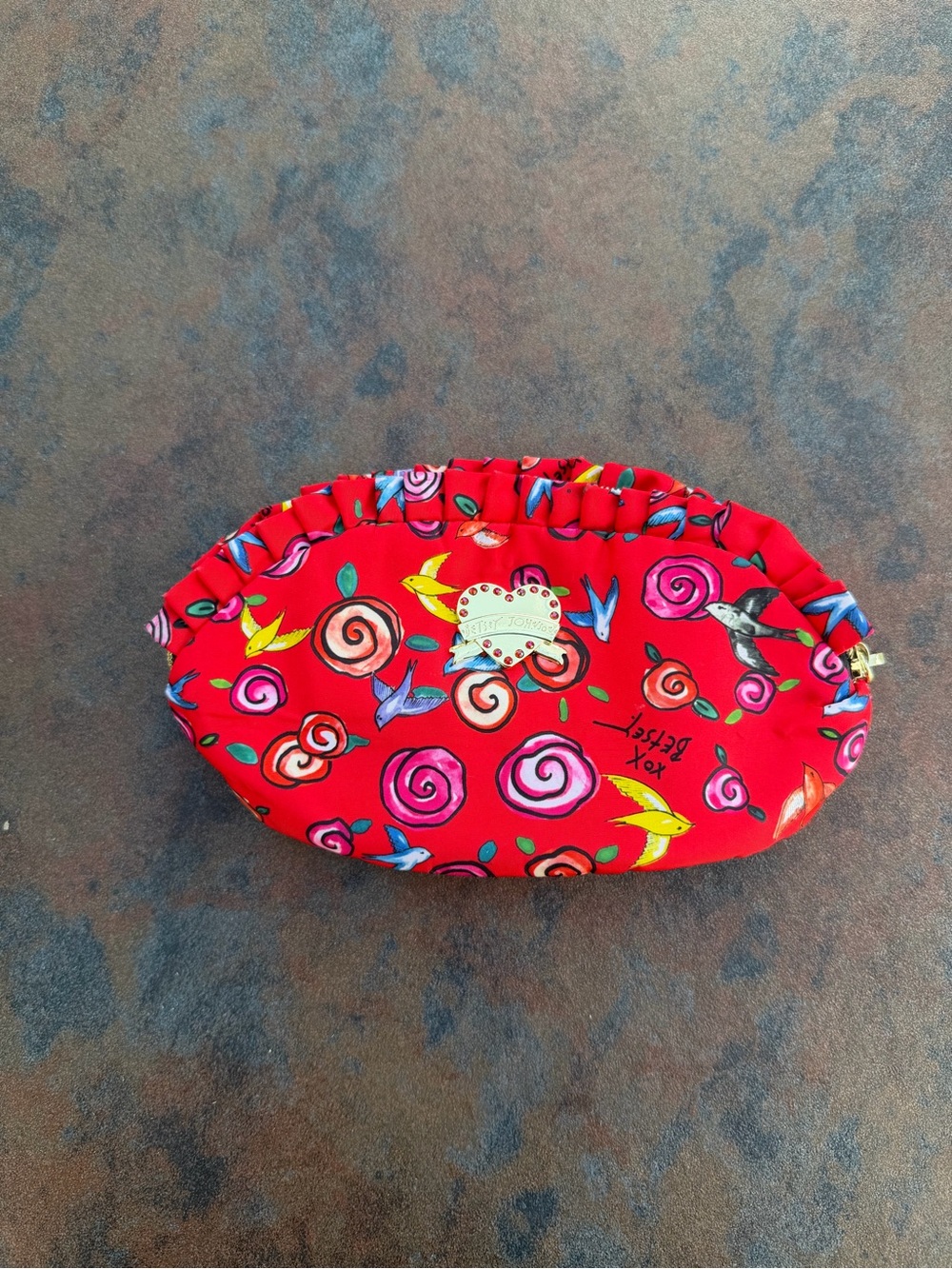 Betsey Johnson Red Cosmetics Pouch With Heart Gem Zipper